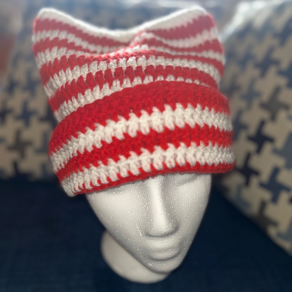 Red and White Striped Crochet Beanie
